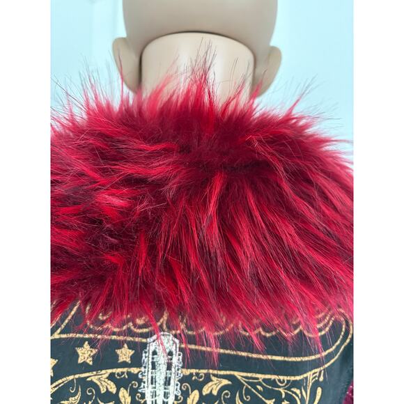 Upcycled Y2K Cropped Oversized Denim Jacket Faux Fur Guitar Graphic Burgundy - Picture 6 of 8